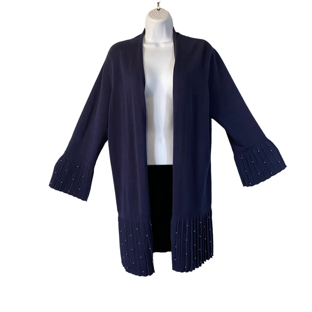 Chico's Blue Open Front Cardigan with Three-Quarter Sleeves